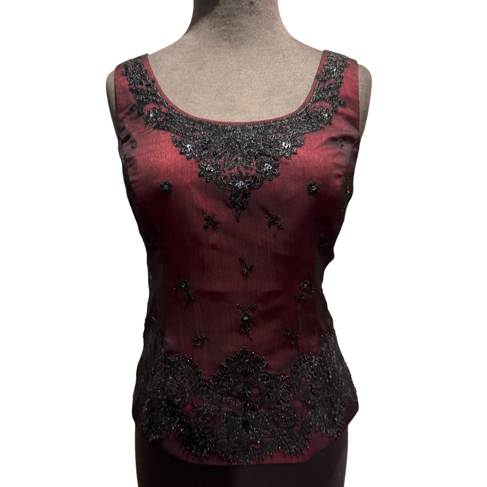 Kasper Goth whimsy Burgundy Beaded Sequin Evening Top Sleeveless Formal Blouse